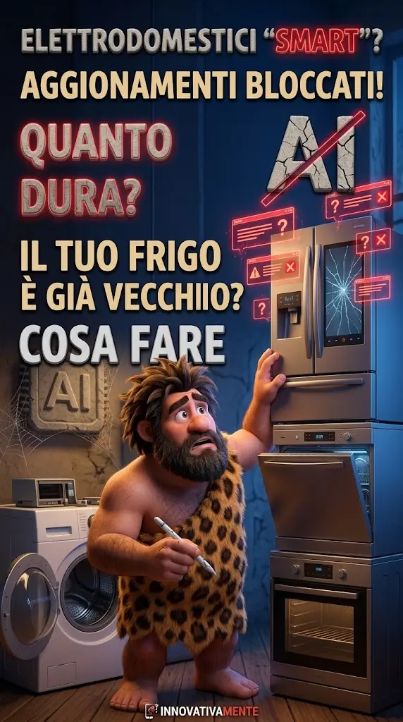 Infografica Pinterest di InnovativaMENTE con la mascotte cavernicola davanti a un frigorifero smart con errori di aggiornamento software e testo esplicativo sull'obsolescenza.