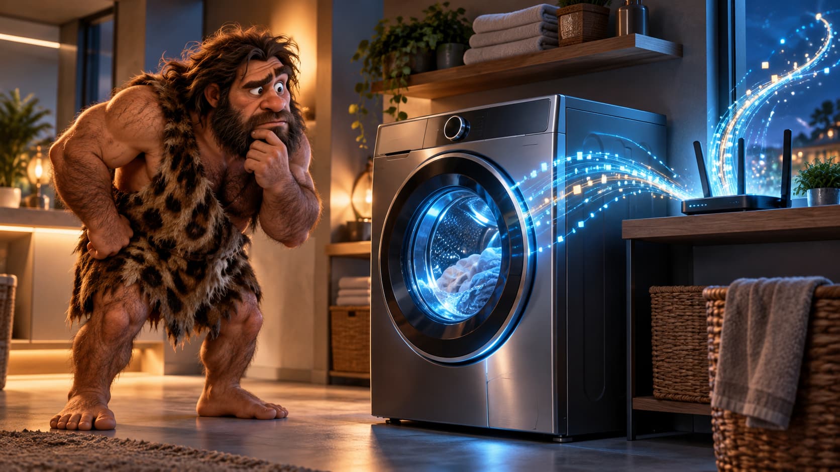 Cavernicolo incuriosito davanti a una lavatrice smart con segnali digitali che suggeriscono una connessione alla rete domestica.