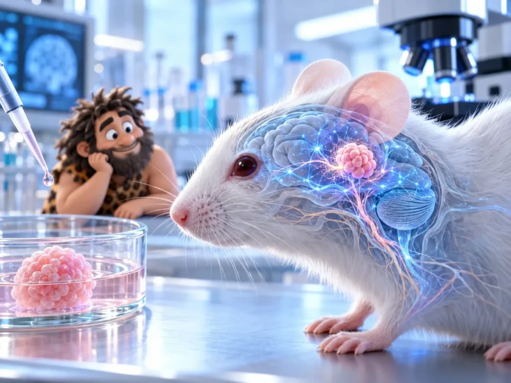 Topo da laboratorio con organoide cerebrale umano visibile nel cervello, accanto a una capsula di laboratorio con tessuto coltivato e al cavernicolo InnovativaMENTE sullo sfondo