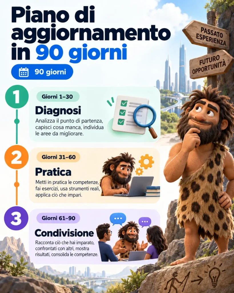 Schema verticale con piano di aggiornamento in 90 giorni diviso in tre fasi: diagnosi, pratica e condivisione