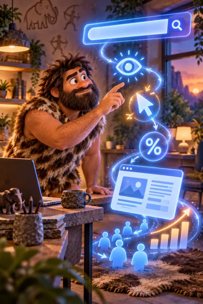 Cavernicolo InnovativaMENTE segue un percorso visivo che collega ricerca Google, impressioni, clic, CTR, visite al sito e crescita del traffico.