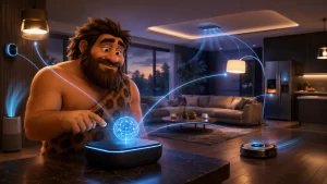 Cavernicolo che interagisce con un hub AI mentre luci, climatizzazione e robot aspirapolvere vengono coordinati nella smart home