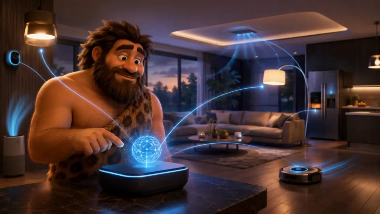 Cavernicolo che interagisce con un hub AI mentre luci, climatizzazione e robot aspirapolvere vengono coordinati nella smart home