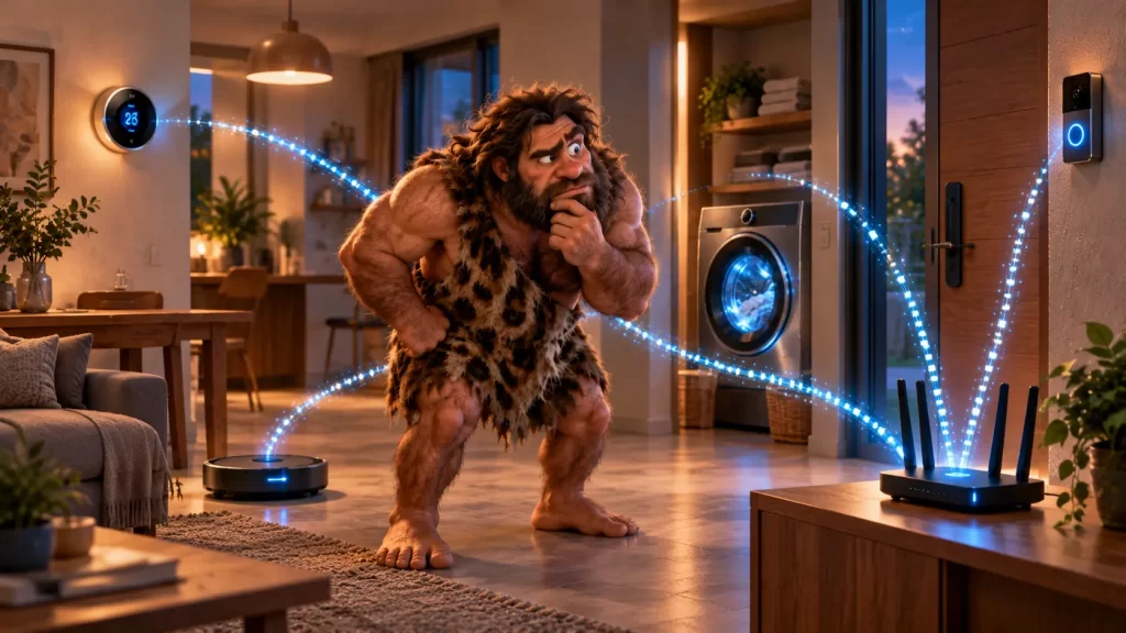 Cavernicolo in una casa connessa osserva diversi dispositivi smart che comunicano attraverso segnali digitali.