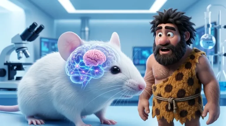 Cavernicolo InnovativaMENTE osserva un topo da laboratorio con organoide cerebrale umano visibile e collegato al cervello in un ambiente scientifico futuristico
