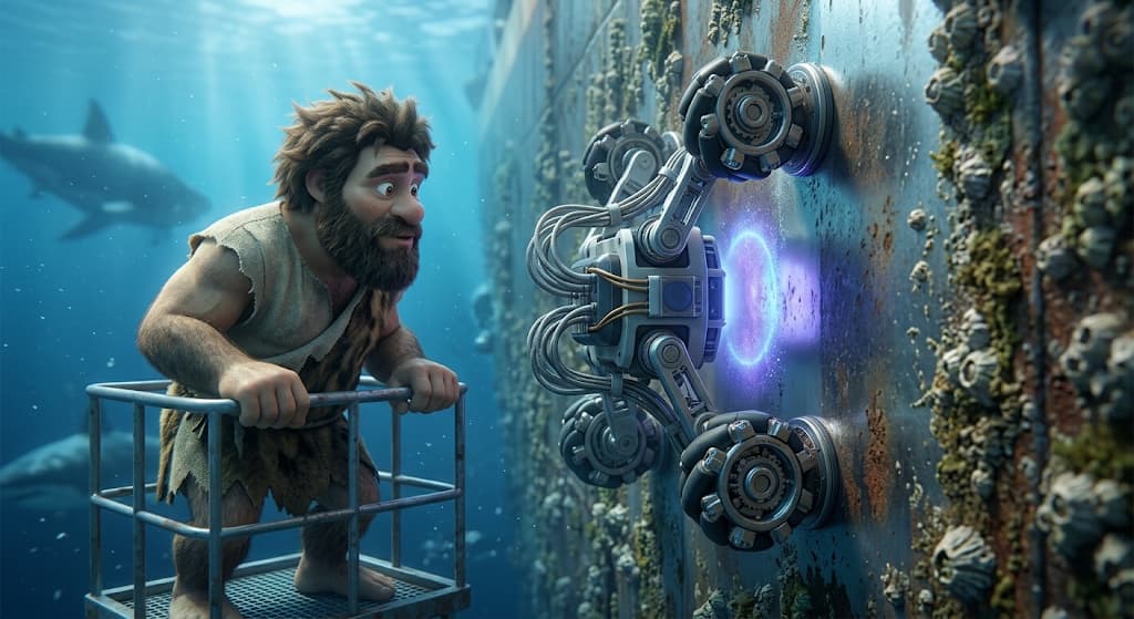 Robot subacqueo magnetico che percorre lo scafo di una nave mentre un cavernicolo lo osserva sott’acqua