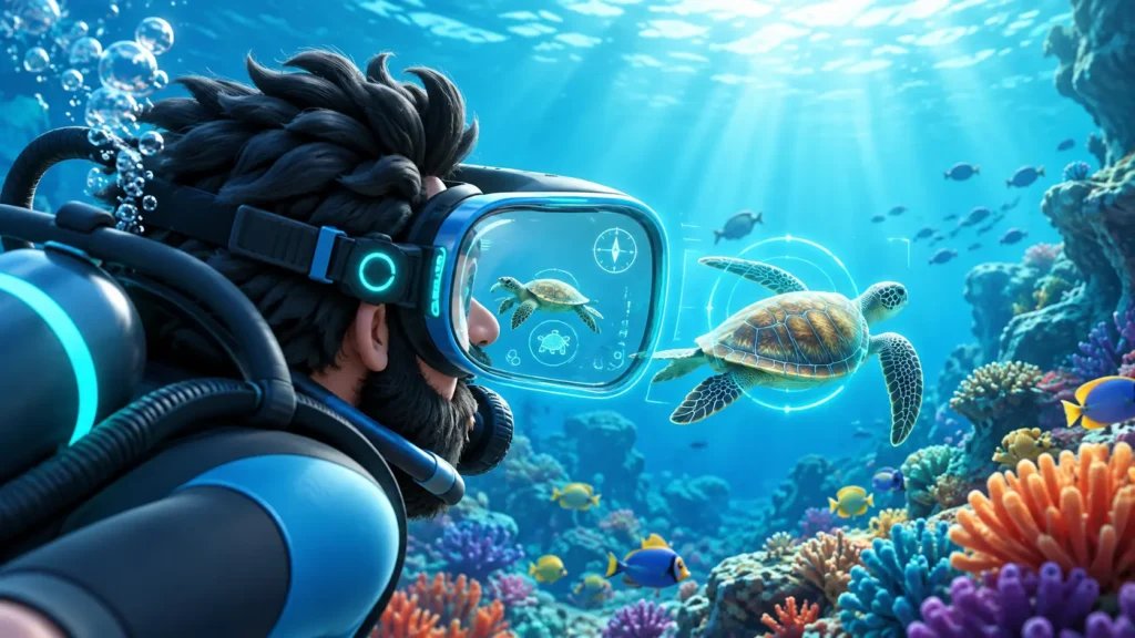Sub con maschera AREX ONE che visualizza dati HUD e riconosce una tartaruga sott’acqua