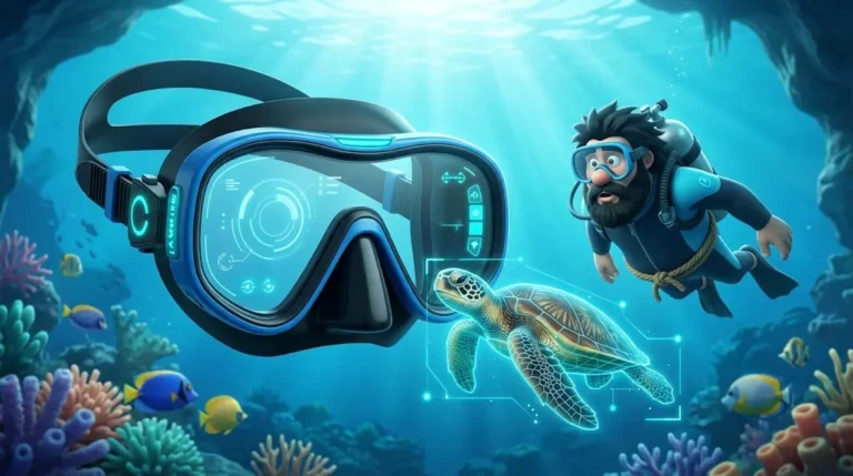 Maschera da sub futuristica con HUD che identifica una tartaruga sott’acqua