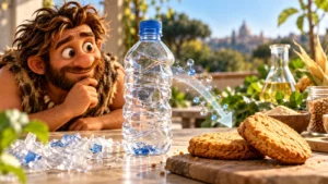 Cavernicolo incuriosito osserva una bottiglia PET e alcuni biscotti, in un'illustrazione del progetto µBites.