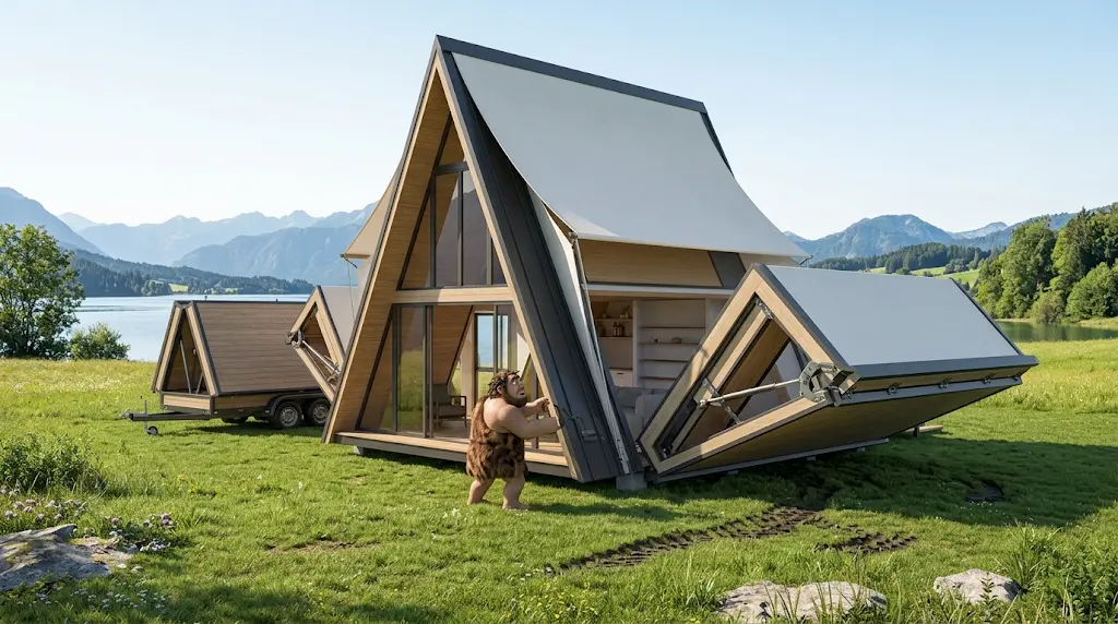 Micro-casa pieghevole mostrata durante l'apertura della struttura A-frame su un prato