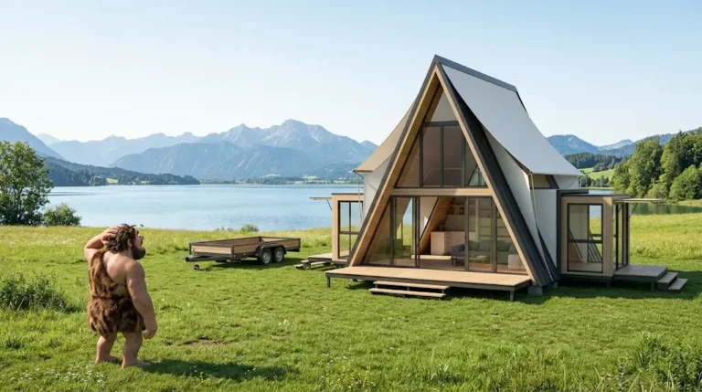Micro-casa pieghevole A-frame aperta vicino a un lago con un piccolo rimorchio e il cavernicolo che la osserva