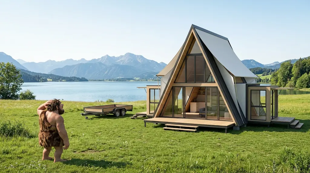 Micro-casa pieghevole A-frame aperta vicino a un lago con un piccolo rimorchio e il cavernicolo che la osserva