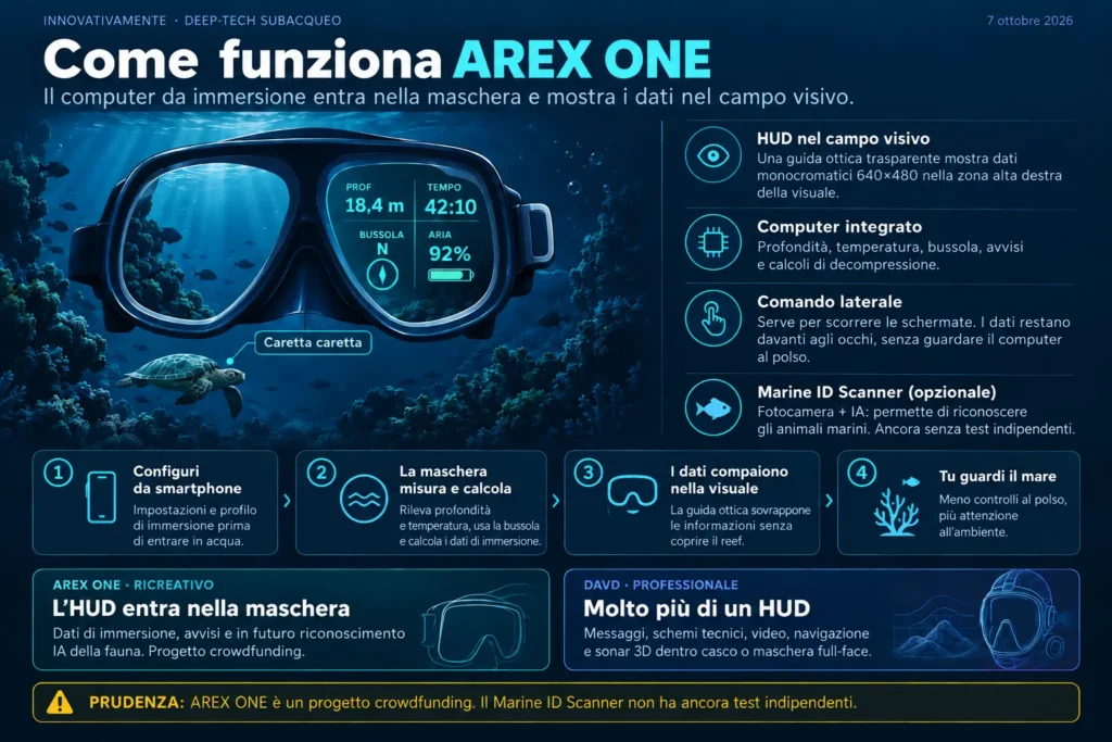 Schema di funzionamento della maschera da sub AREX ONE con HUD, computer integrato e Marine ID Scanner