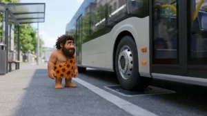 Illustrazione di un autobus elettrico con una ruota sopra una piastra di ricarica stradale