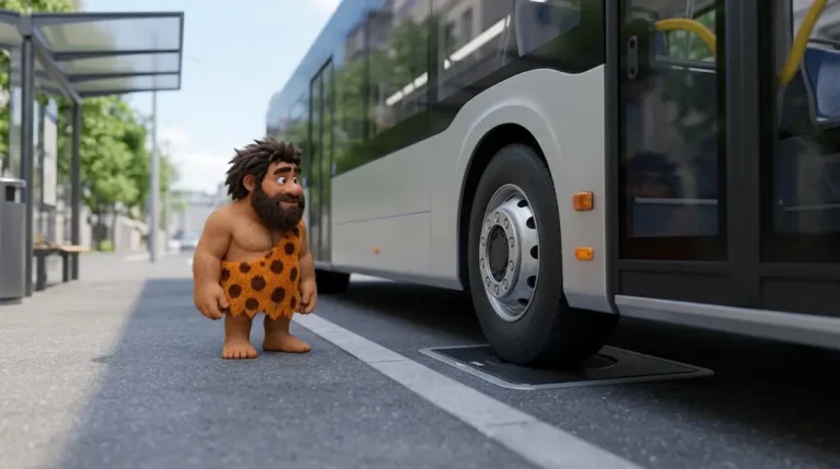 Illustrazione di un autobus elettrico con una ruota sopra una piastra di ricarica stradale
