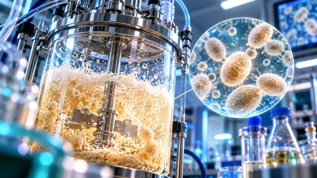Bioreattore con liquido in fermentazione e ingrandimento illustrato di cellule di lievito in un laboratorio.