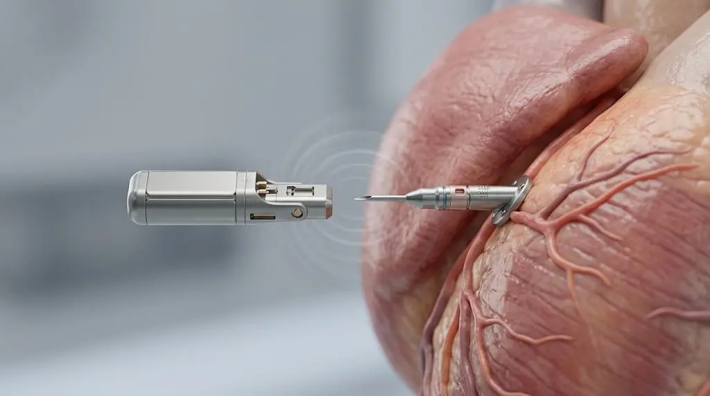 Illustrazione concettuale di un piccolo robot magnetico che si avvicina a un modulo ad ago ancorato al tessuto cardiaco.