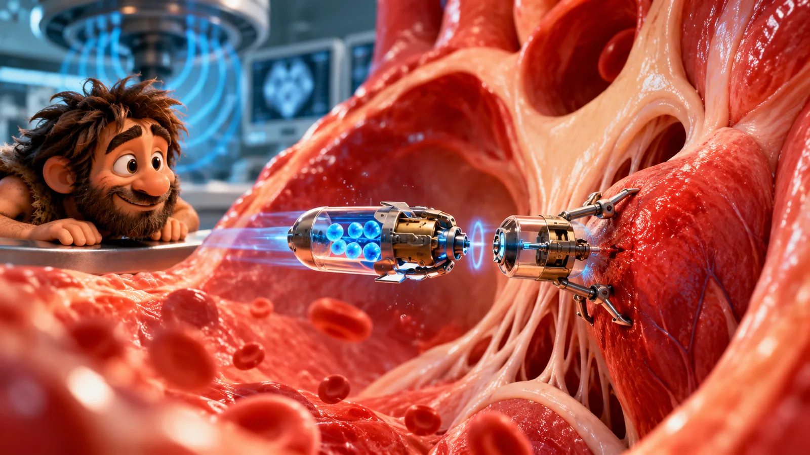 llustrazione concettuale di due piccoli robot magnetici vicino al tessuto cardiaco