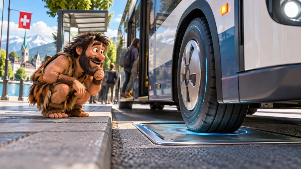 Cavernicolo incuriosito osserva la ruota di un autobus elettrico sopra una piastra di ricarica wireless in una città svizzera